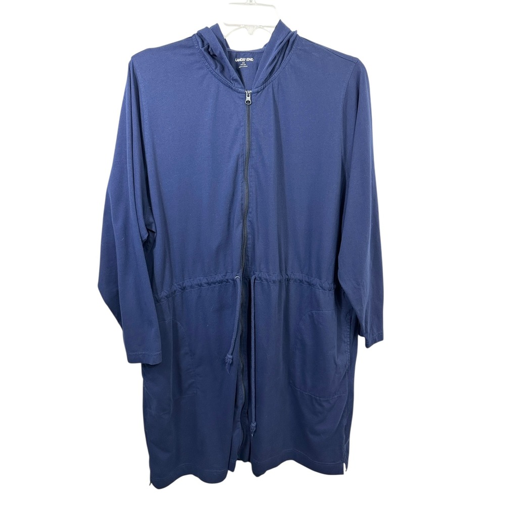 Lands End‎ Plus Size 3X Long Jacket Navy Blue Hoodie Full Zip Long Sleeve 1647